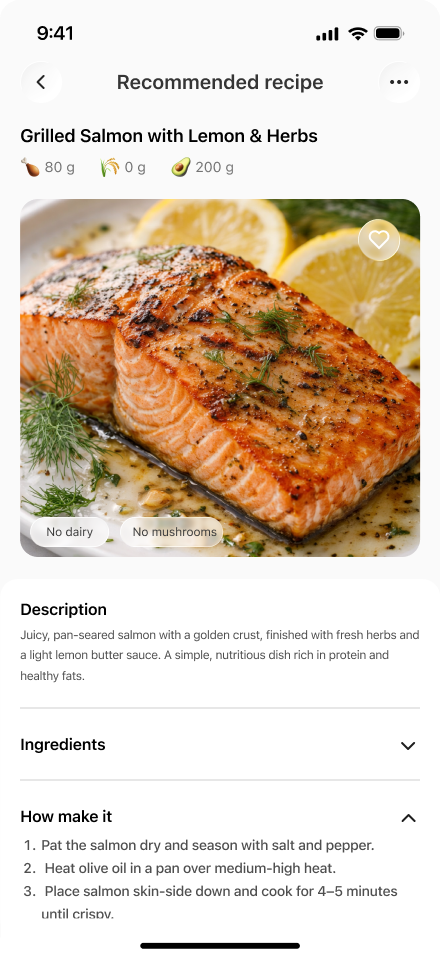 MacroMan recommended recipe screen